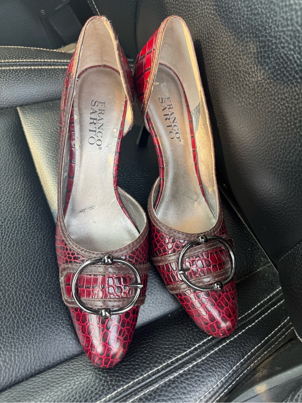 Franco Sarto Burgundy Croc-Embossed Pointed-Toe Heels with Buckle